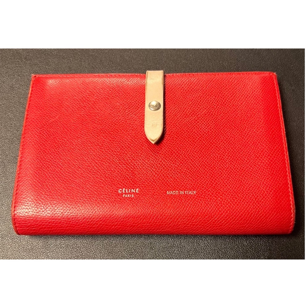Celine Large Strap Wallet Red Grained Calfskin Leather Bifold Made in Italy